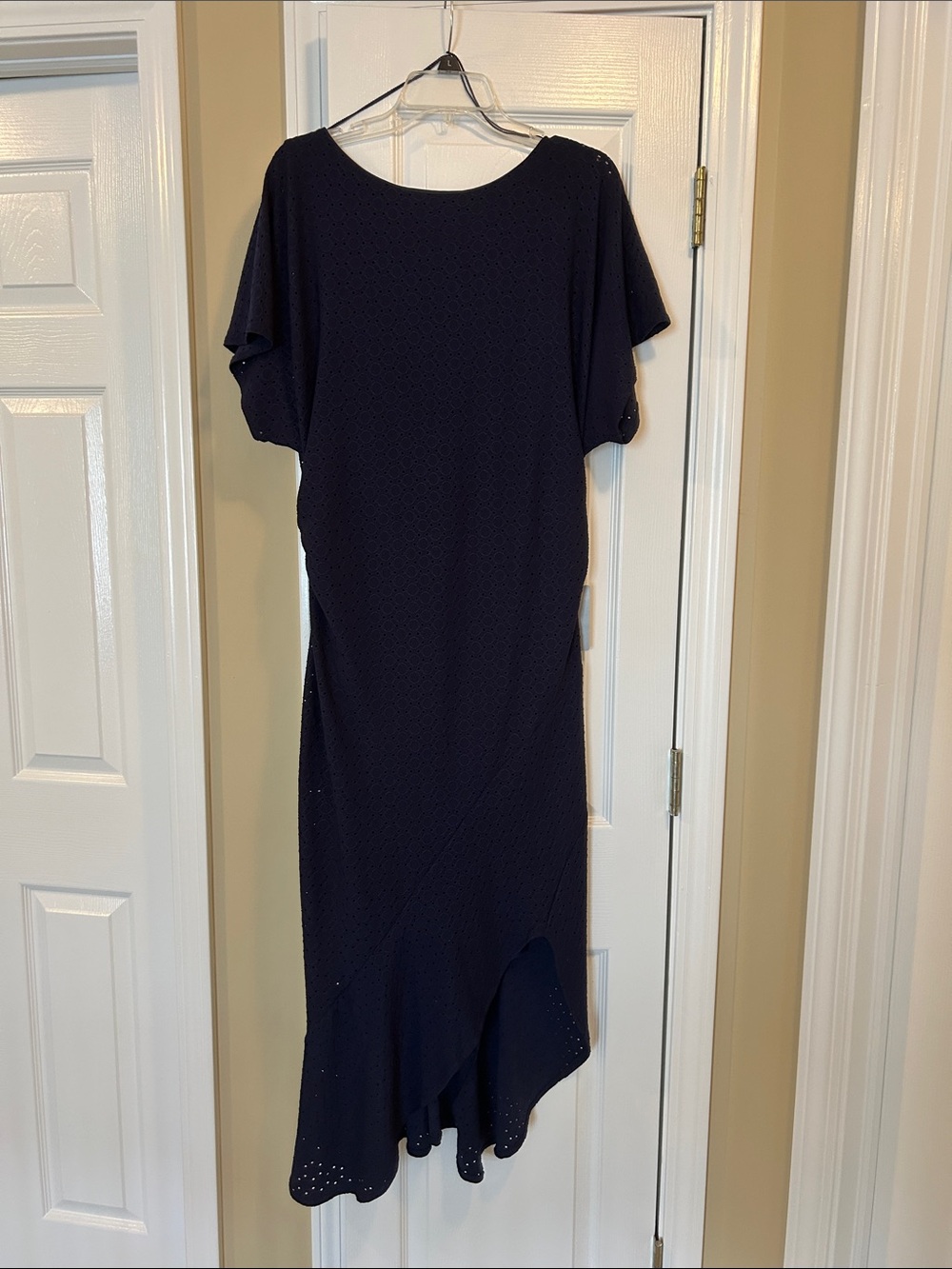 London Times Navy Midi Dress with Flounce Hem